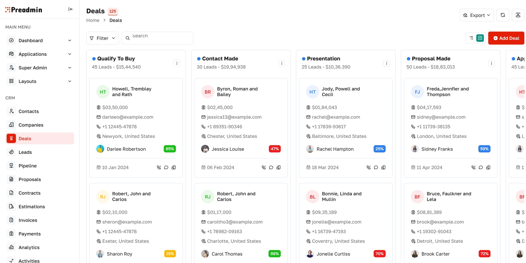 Deal pipeline board inside a custom CRM